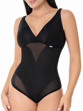 Body Modelador Decote em V MariaE na cor Preto – foto do produto. Compressão Abdominal. Ref. BDJAZ