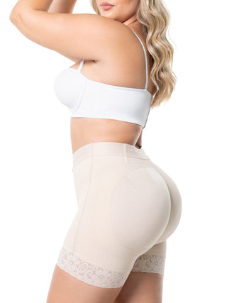Calcinha Modeladora Meia Coxa MariaE na cor Bege – vista de perfil. Levanta Bumbum. Ref. SO101ST