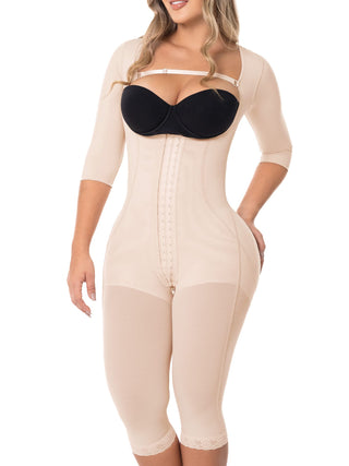 Cinta Modeladora Corpo Inteiro com Mangas MariaE na cor Bege – foto do produto. Modela os Braços. Ref. CN133SR