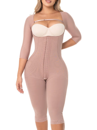 Cinta Modeladora Corpo Inteiro com Mangas MariaE na cor Cacau – foto do produto. Modela os Braços. Ref. CN133SR