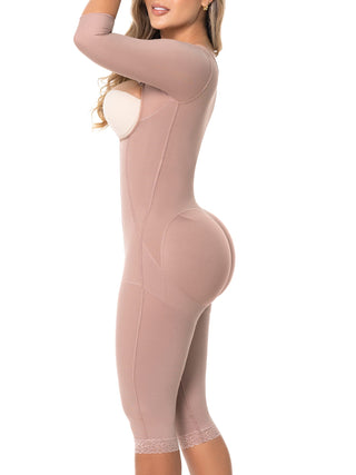 Cinta Modeladora Corpo Inteiro com Mangas MariaE na cor Cacau – foto do produto. Modela os Braços. Ref. CN133SR