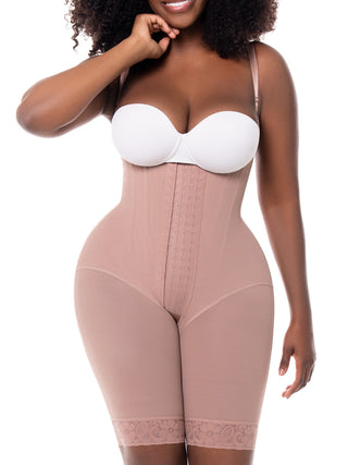 Cinta Modeladora Meia Coxa com Barbatanas MariaE na cor Cacau – foto do produto. Alta Compressão. Ref. CN002RA