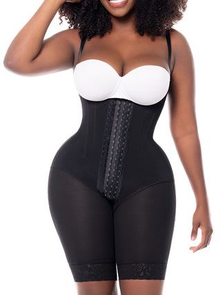 Cinta Modeladora Meia Coxa com Barbatanas MariaE na cor Preto – foto do produto. Alta Compressão. Ref. CN002RA