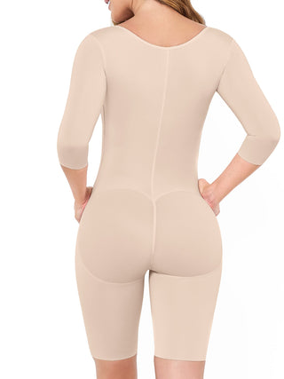 Cinta Modeladora Meia Coxa com Mangas MariaE na cor Bege – vista de costas. Compressão Suave Pós-Cirúrgica. Ref. CN007ST