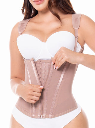 Corset Colete com Barbatanas MariaE na cor Cacau – vista frontal. Afina a Cintura. Ref. CR007RA