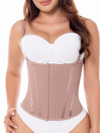 Corset Espartilho com Barbatanas MariaE na cor Cacau – vista frontal. Afina a Cintura. Ref. CR001ST