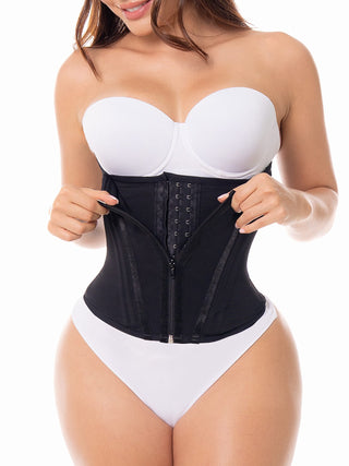 Corset Espartilho com Barbatanas MariaE na cor Preto – vista frontal. Cintura de Violão. Ref. CR003RA