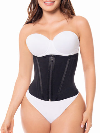 Corset Espartilho com Barbatanas MariaE na cor Preto – vista frontal. Cintura de Violão. Ref. CR003RA