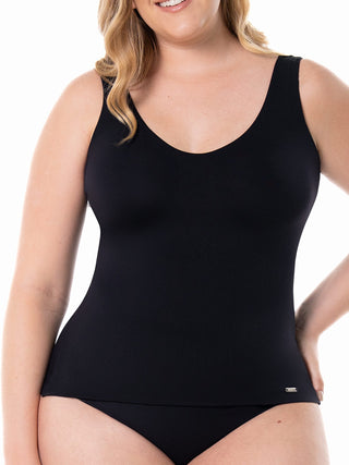 Regata Modeladora Básica MariaE na cor Preto – vista frontal. Frente Dupla. Ref. BS004ST