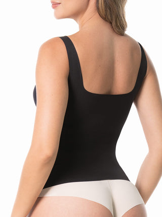 Regata Modeladora Básica MariaE na cor Preto – vista de costas. Frente Dupla. Ref. BS004ST